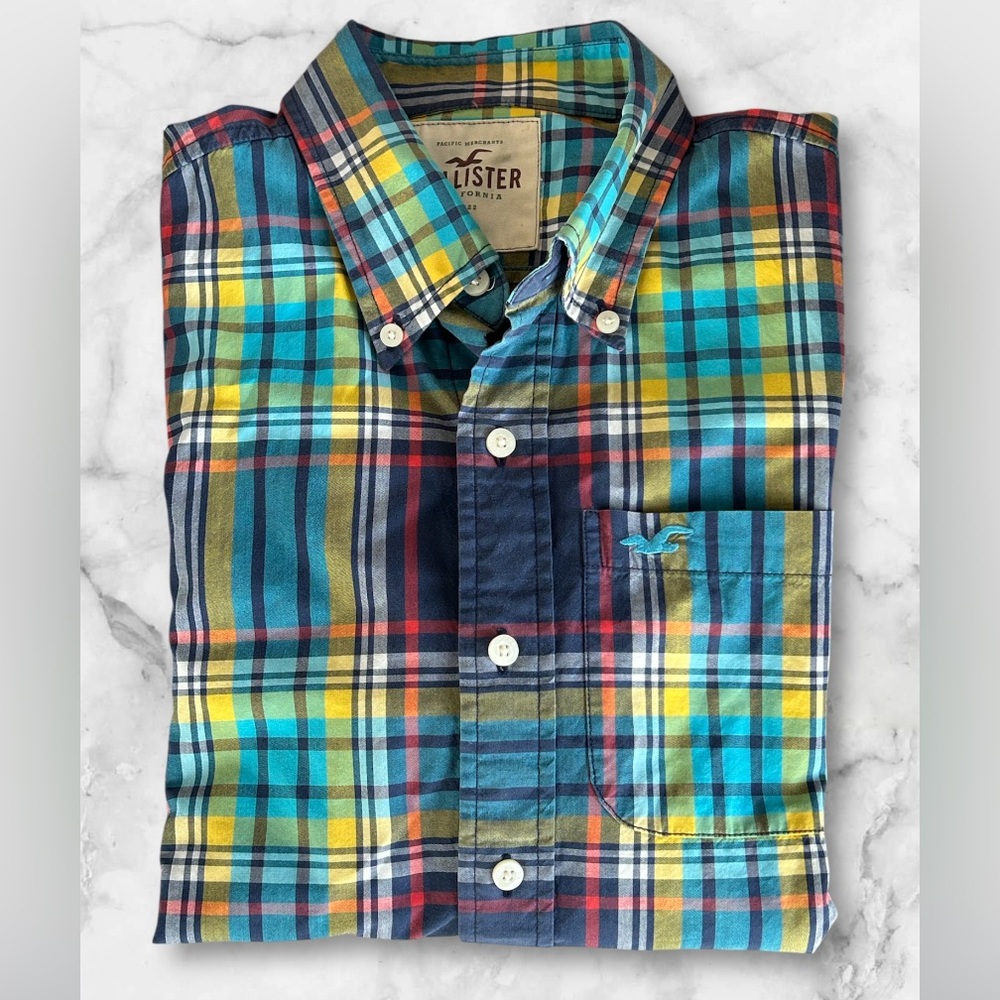 Hollister Long Sleeve Plaid Button Down Shirt Teal Seagull Logo Pocket Size XL - Picture 3 of 11